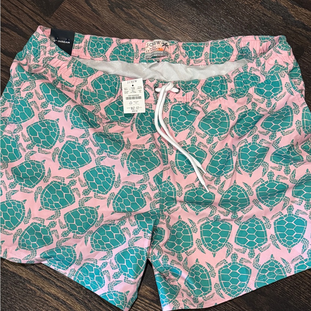 NWT J. Crew Mens XL Pink and Teal Turtle Print Swim Trunks